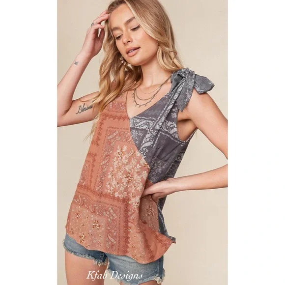 LAST 1! V Neck Boho Color Block Ruffle Woven Top! - Picture 2 of 9